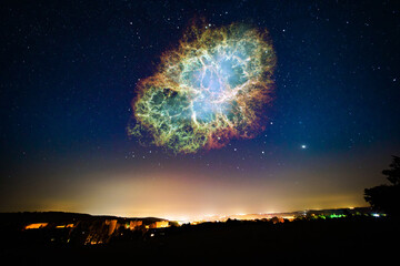panorama of the night city supernova explosion in the night starry sky Elements of this image were...
