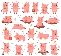 Obraz premium Funny Pink Pig Character Engaged in Different Activity Vector Set
