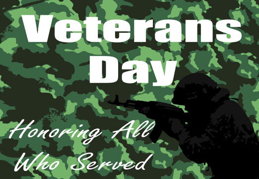 Silhouette of an American soldier on a camouflage background with the inscription Veterans Day. Vector image