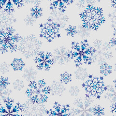 Seamless winter pattern with blue floating snowflakes of different shapes and sizes on a gray background. Hand-drawn watercolor illustration. Design for wrapping paper, packaging, cover, textiles.