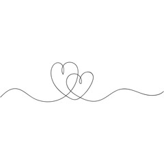 Continuous line drawing of love sign with two hearts embrace minimalism design on white background. Hand sketch art, relationship icon, romance concept. Vector EPS 10.