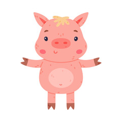 Funny Pink Piggy Character with Hoof Standing and Smiling Vector Illustration