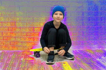 boy in a hat zips up his sneakers while sitting on a skateboard in neon light