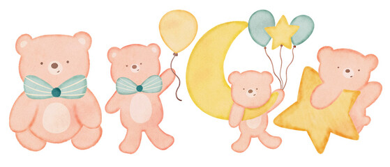 set bear cute collection,bear and balloon,moon bear,star bear,hand drawn bear illustrations ,watercolor bear illustrations 