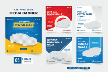 Car rental deal template bundle for business advertisement. Automobile and rent a car business web banner set design with blue and yellow colors. Car rental social media post vector collection.