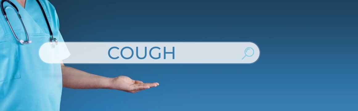 Cough. Doctor stretches out hand. Browser search with text hovers over it. Medicine online on the internet