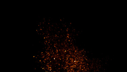 Fototapeta na wymiar Overlay fire sparks bonfire embers. Burning red hot flying sparks fire rise in the dark night sky. Royalty high-quality stock fire embers particles rising over on black background