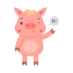 Obraz na płótnie Canvas Funny Pink Piggy Character with Hoof Greeting Saying Hi Waving Hand and Winking Vector Illustration