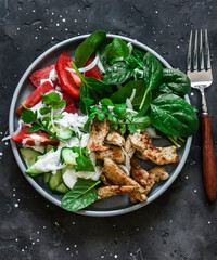 Fast souvlaki turkey salad on a dark background, top view