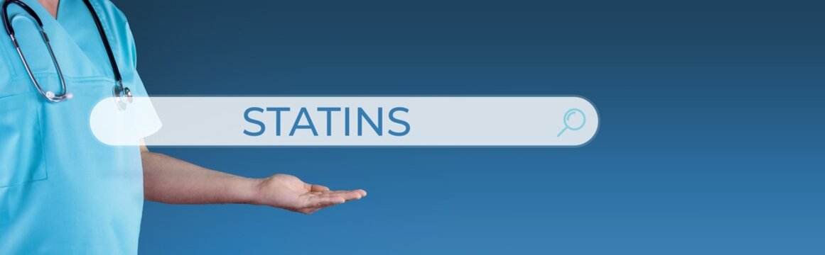 Statins. Doctor Stretches Out Hand. Browser Search With Text Hovers Over It. Medicine Online On The Internet