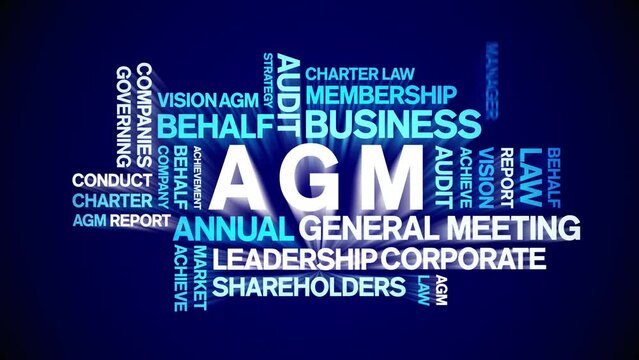 AGM - Annual General Meeting acronym animated tag word cloud;text design animation kinetic typography seamless loop.