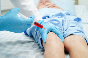 Fototapeta premium Asian doctor inject Hyaluronic acid platelet rich plasma into the knee of senior woman to walk without pain.
