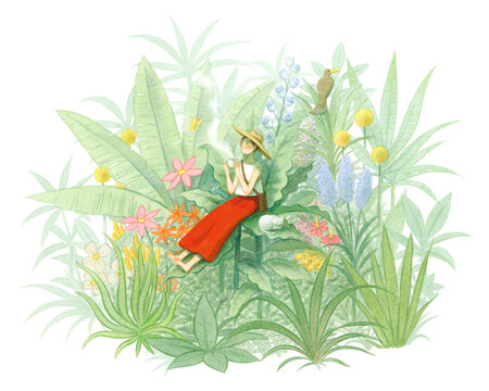 植物にかこまれて休憩する女性