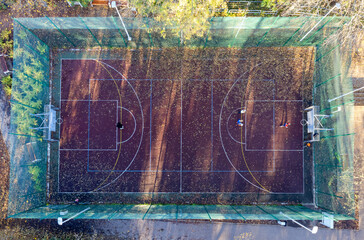 Basketball and soccer field seen from above, sports facility. Drone photo, bird's eye view photo.