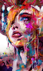Portrait of a girl with creative makeup and hairstyle. Illustration. Created with the help of artificial intelligence
