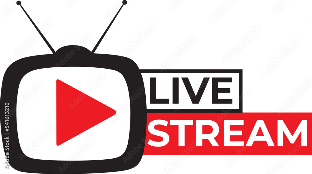 Poster live stream flat logo red vector design element with play button. vector illustration