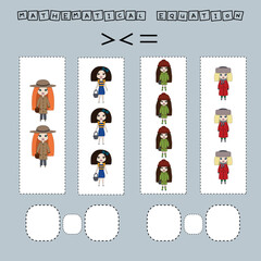 ​​Which is greater, less or equal game with colorful dolls. Worksheet for preschool kids, kids activity sheet, printable worksheet