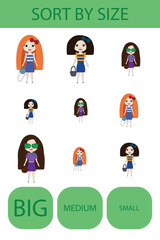 Match the girls by size large, medium and small. Children's educational game.

