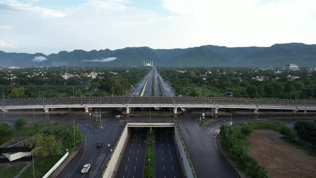 Islamabad Expressway, Faisal Avenue, A beautiful Road And margalla hills with Faisal Faisal Mosque drone view, Islamabad expressway flyover 