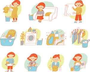 洗濯や掃除をしている女性のイラスト