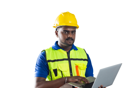 Worker man with laptop, Man in hard hat - Powered by Adobe