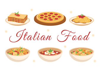 Italian Food Restaurant or Cafeteria with Chef Making Traditional Italian Dishes Pizza or Pasta in Hand Drawn Cartoon Template Illustration