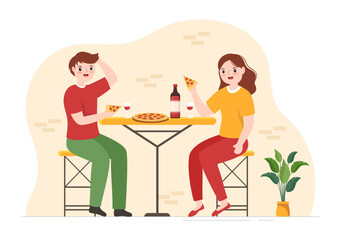 Italian Food Restaurant or Cafeteria with People Eating Traditional Italy Dishes Pizza or Pasta in Hand Drawn Cartoon Template Illustration