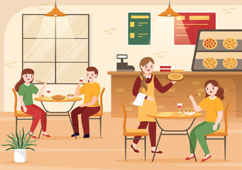 Italian Food Restaurant or Cafeteria with People Eating Traditional Italy Dishes Pizza or Pasta in Hand Drawn Cartoon Template Illustration