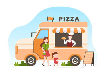 Italian Food Restaurant with Family and Kids Eating Traditional Italy Dishes Pizza in Hand Drawn Cartoon Template Illustration