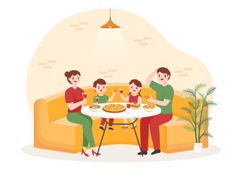 Italian Food Restaurant with Family and Kids Eating Traditional Italy Dishes Pizza in Hand Drawn Cartoon Template Illustration