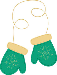 Green, yellow Christmas mittens on a rope. New Year's gift for children. Snowflake pattern. Simple, modern, flat style. Symbol of holiday, winter, fun, warmth, comfort, love, family.