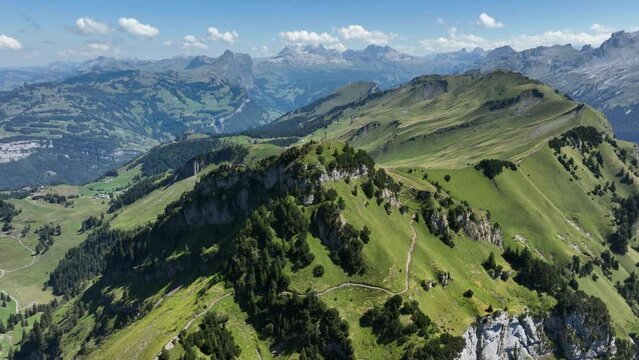 Stoos Fronalpstock hike landscape lookout point above Brunnen in Central Switzerland. Near Lucerne beautifull Swiss mountain overview. Aerial drone view.