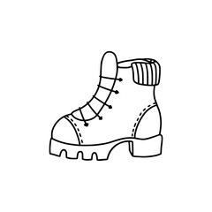 Hiking boot in the style of doodles. Isolated on a white background. Vector illustration.