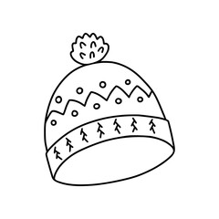 Hiking hat with a pumpon in the style of doodles. Isolated on a white background. Vector illustration.