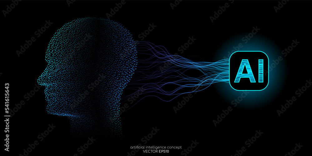 Poster vector illustration human head dot particles blue light and neural network wavy line isolated on bla