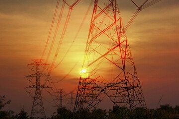 the high voltage electric pole pass in country side witj bluesky background