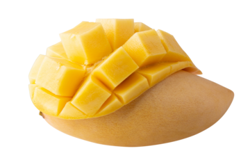 Rip mango slice cubes cut, Mango half cut in cubes, Fresh juicy mango fruit isolated on transparent background