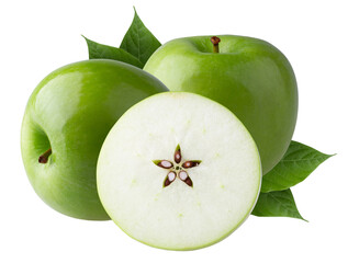 Green apple with green leaf and cut slice with seed isolated on transparent background
