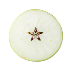 Green apple with green leaf and cut slice with seed isolated on transparent background