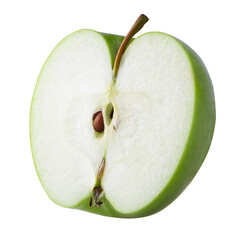 Green apple with green leaf and cut slice with seed isolated on transparent background