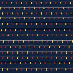 Seamless pattern with garlands and multi-colored light bulbs on a dark blue background. Flat style geometric design for packaging and print. Vector.