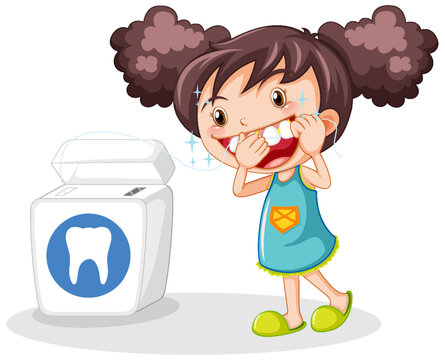 Cute girl cartoon character flossing teeth