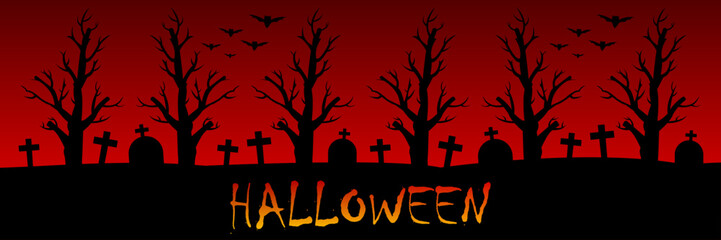 The cemetery in the forest in the night of the bloody sky. Happy Halloween graphic design. Vector illustration