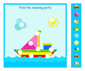 Mind game. Task for the development of logic for kids. Find the missing parts. Flat style design. Vector illustration