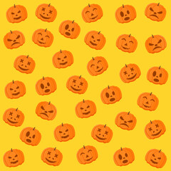 Pattern Pumpkin on yellow background. Smiley face. Orange Pumpkin on Halloween day. The background was used for Halloween. Vector illustration