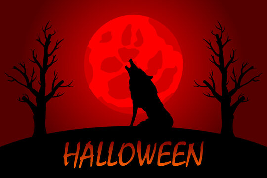 The wolf howling on the night of the bloody moon. Happy Halloween graphic design. Vector illustration