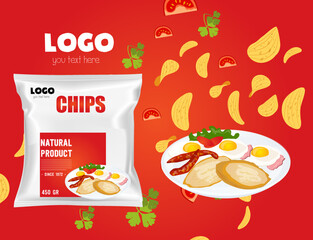 Chips packaging template vector design of 3d bag