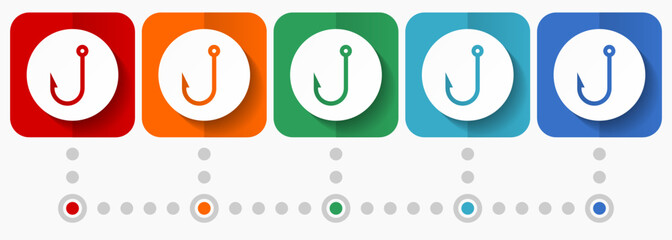 Fishing hook vector icons, infographic template, set of flat design symbols in 5 color options
