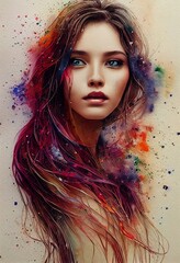 Stunning painted portrait of a woman with abstract flowing hairs. Generated by Ai, is not based on any original image, character or person