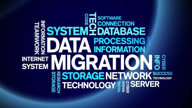 Data Migration animated tag word cloud;text design animation kinetic typography seamless loop.